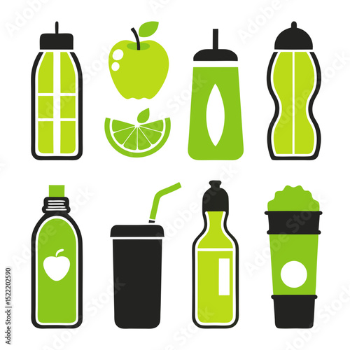 Green smoothie drinks, fruit, and refreshing beverages icons set