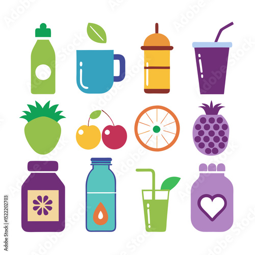 Colorful flat vector icons of fruits and drinks collection