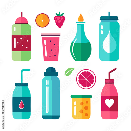 Colorful flat vector assortment of drink containers and fruit