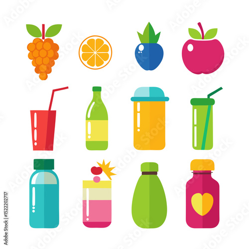 Colorful flat design fruit and beverage icon collection