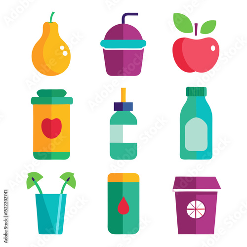 Fresh drinks and fruits in a flat vector design