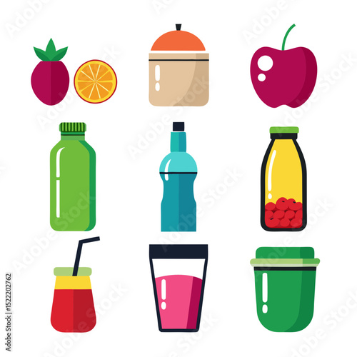 Various colorful fruit and drink illustrations in a flat style