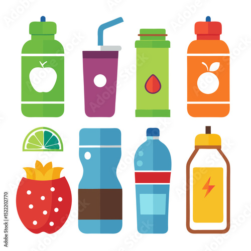 Assorted colorful beverage containers on white background illustration
