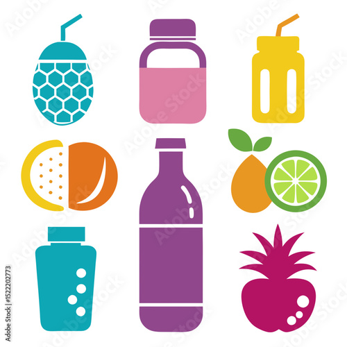 Colorful flat design fruit juice and smoothie icon set