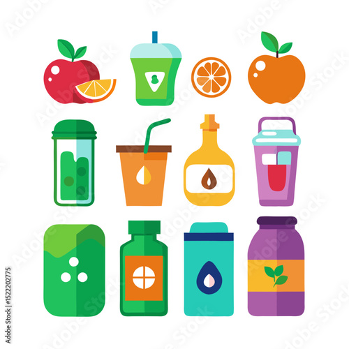 Diverse flat design fruit juice drinks and ingredients collection