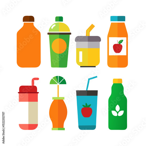 Flat design vector illustration of assorted beverage containers on white