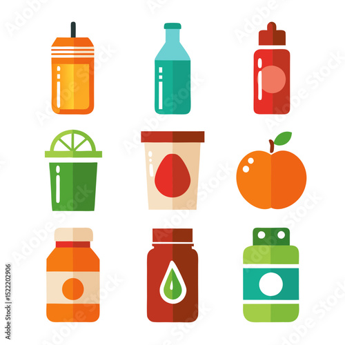 Collection of stylized healthy beverages and food in flat design