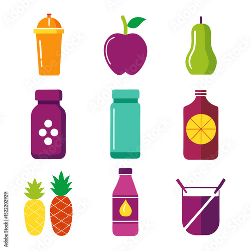 Colorful flat vector illustration of fruit juice containers