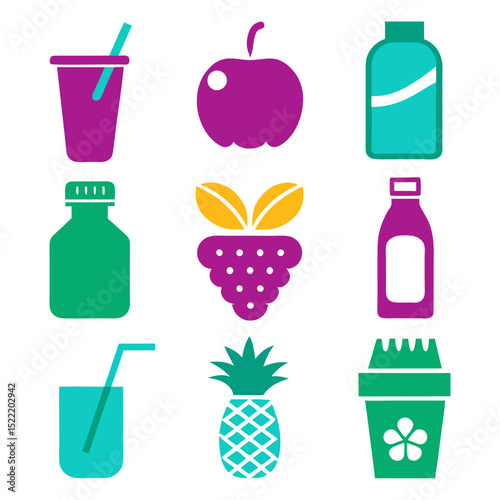 Colorful flat lay of fruits and beverage containers