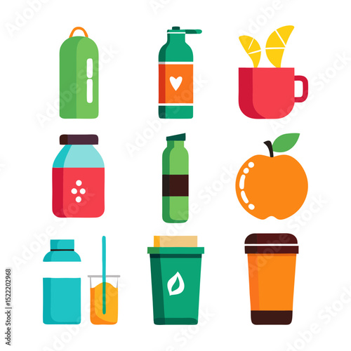 Flat illustration of various drinks and a ripe apple
