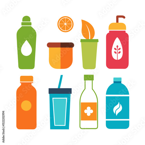 Colorful flat design icons of beverage containers and fruits
