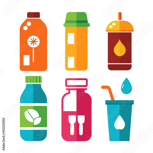 Vibrant flat illustration of assorted beverage containers on white