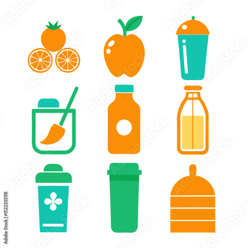 Colorful vector graphics showcasing various drinks and fruits icons