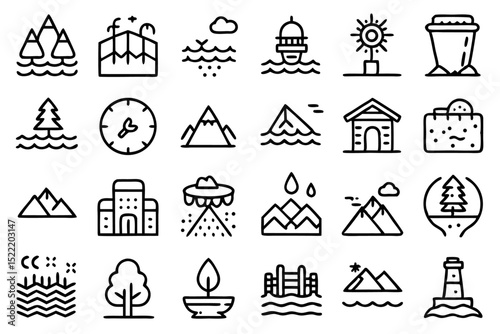 High quality line icons depicting water features waterfall river lake and stream