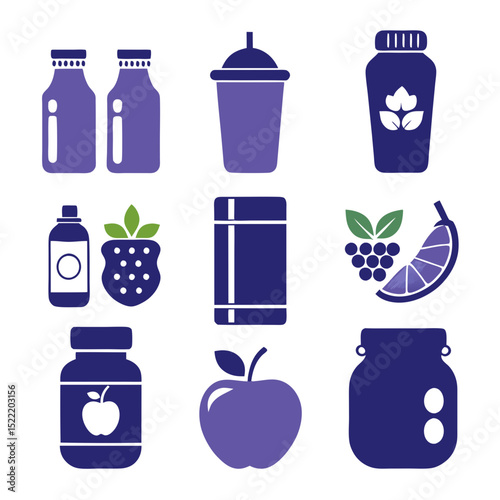 Minimalist icons of fruits and beverages isolated on white