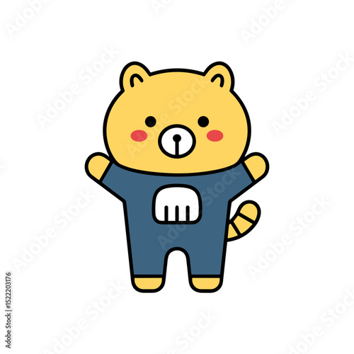 Cute yellow bear mascot waving while wearing a blue outfit  