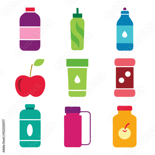 Colorful beverage containers and fruit in a flat style design