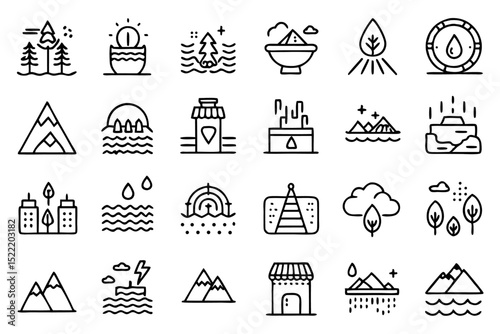 High quality line icons depicting waterfalls rivers lakes and streams