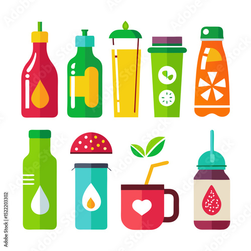Colorful flat vector illustration of various drink containers