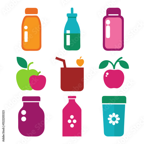 Colorful flat lay vector icons depicting healthy food items