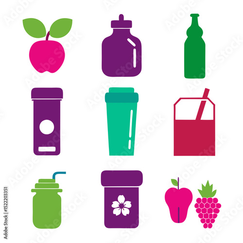Colorful icons representing healthy beverages and fresh fruit diet
