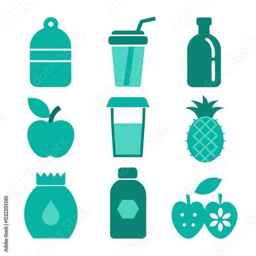 Icon set with healthy beverage and fruit elements