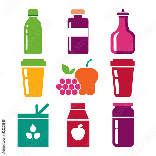 Colorful food packaging icons on white background in grid