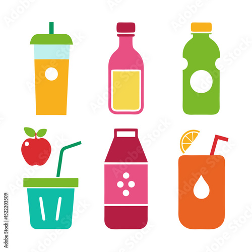 Colorful juice and smoothie containers illustration on white background