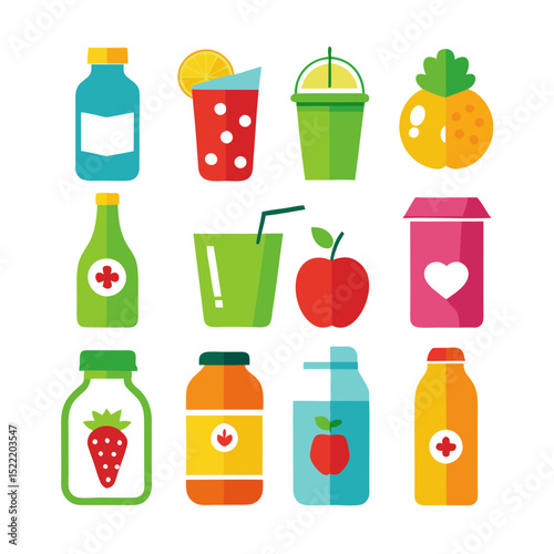 Vibrant Assortment of Flat Design Fruit Drinks Illustration