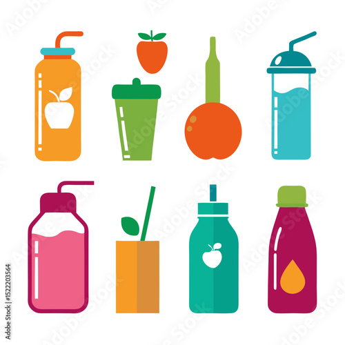 Brightly colored flat vector cartoon juice and smoothie drink containers