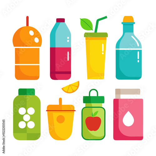Flat illustration of various colorful juice and drink containers