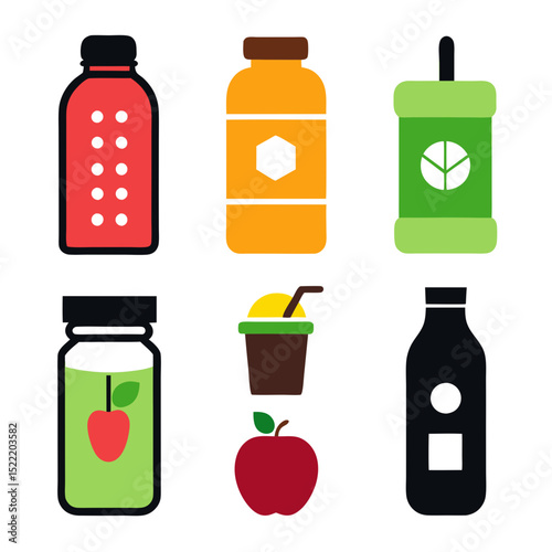 Colorful assortment of vector drinks and fruits against white