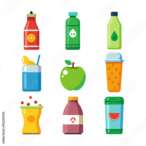 Assorted colorful beverage bottles and fruit on white background