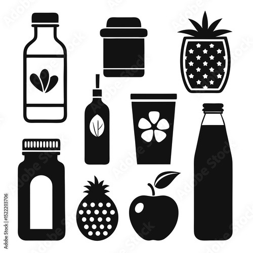 Black and white icon set with fruits and bottles