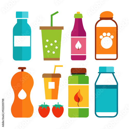 Colorful assortment of eight bottles and containers illustration flat