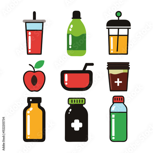 Flat vector icon set with colorful drinks and medicines