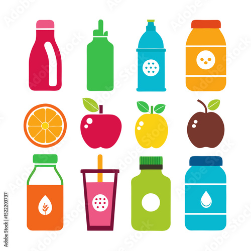 Bright vector illustration of various fruits and drink containers