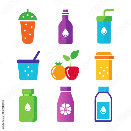 Colorful icon set of various drinks and liquid containers