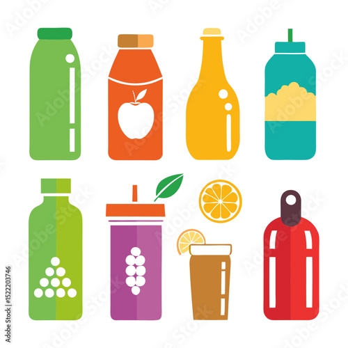 Brightly colored juice bottles in a row flat vector design