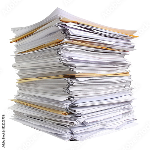 Tall stack of disorganized papers and documents, showcasing chaotic office environment filled with various types of paperwork. image evokes sense of clutter and need for organization