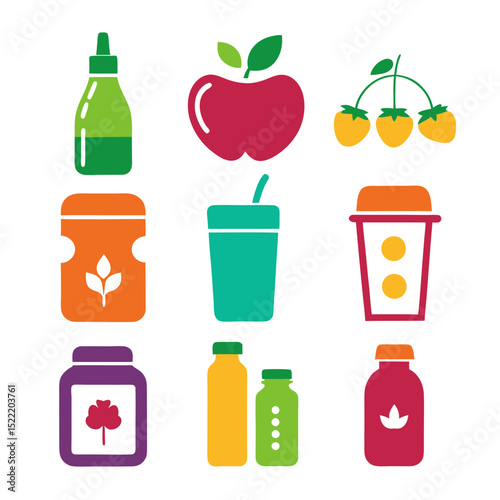 Vibrant array of fruit drinks and healthy food icons