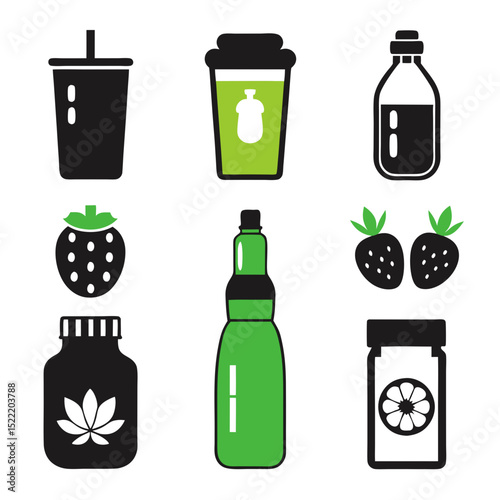 Healthy drinks and fruits icons in black and green theme