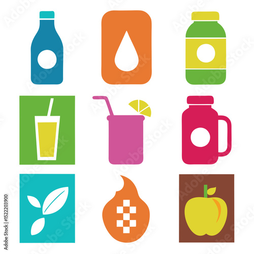 Colorful Flat Icons for Food and Drinks on White
