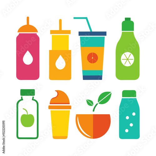 Colorful vector icons of healthy drinks and plant life