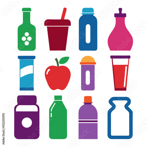 Colorful flat icon collection of bottles and containers