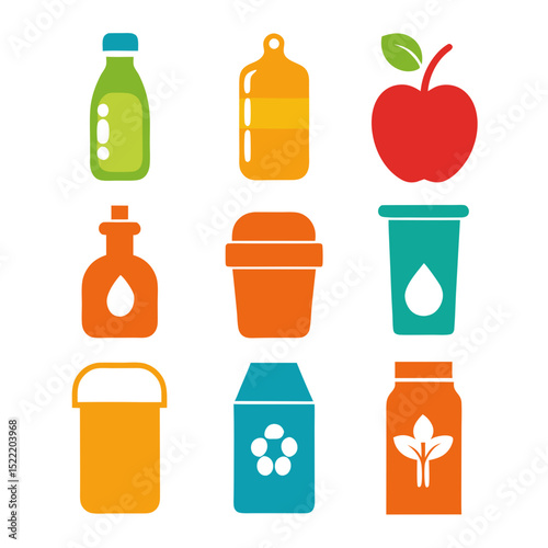 Colorful Flat Vector Icon Set of Various Food Containers