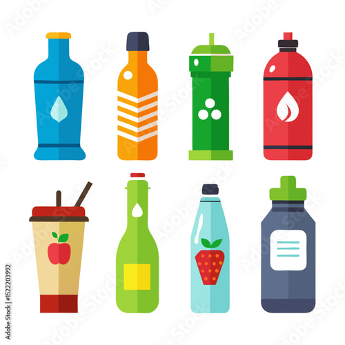 Colorful Variety of Reusable Drink Containers in Flat Style