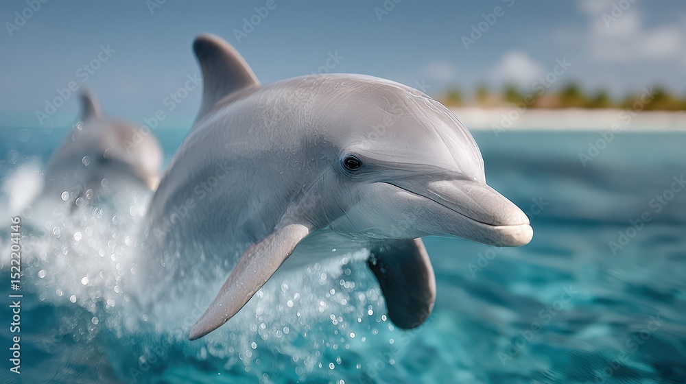 Naklejka premium Dolphins leap joyfully in clear turquoise waters near a sunny tropical shoreline during the midday sun. Shark Awareness Day and Shark Week