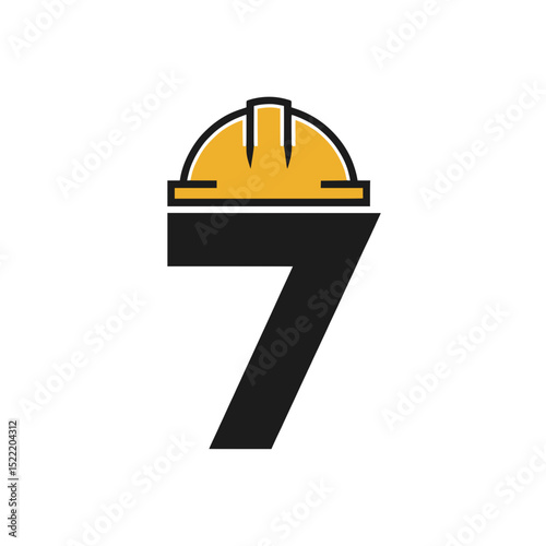 Number 7 Logo with Yellow Construction Helmet, Creative and bold logo featuring the number 7 wearing a yellow safety hard hat, representing construction, labor, and industrial branding.

