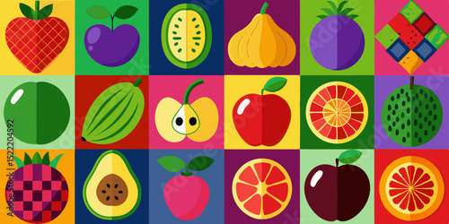 Colorful Fruit Mosaic Illustration with Strawberry Plum Apple Orange Avocado and Other Fruits on a Multicolored Background